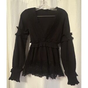 Black Long Sleeve Goth Victorian V Neck Peplum Blouse L